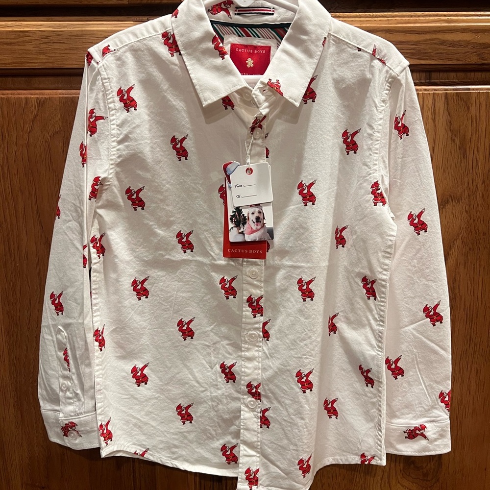 Cactus Boys White Red Santa Claus Christmas Button-Up Shirt Boys Size 5-6
